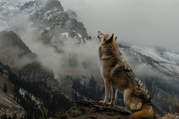 A lone wolf howls at the top of a mountain range, its silhouette framed against a misty backdrop, Howling through the mountains