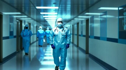Healthcare Worker in Protective Gear Stands in Hospital Corridor