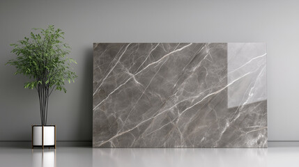 A polished granite slab displayed on a clean gray background, its detailed veining and smooth texture reflecting light, highlighting its elegance and quality.