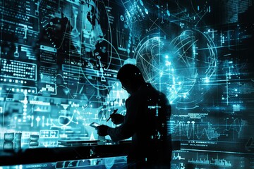 A person working with digital data and mathematical equations, surrounded by glowing blue scientific representations, Exploring mathematical equations and scientific concepts in a digital lab