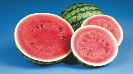 A sliced watermelon with bright red flesh on a summer sky blue background, evoking a refreshing feel