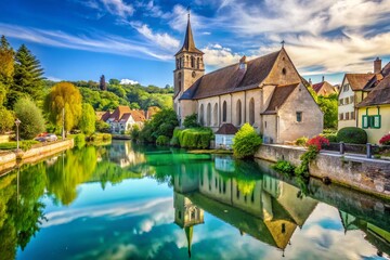 Naklejka premium Arbois Church, River, and Pond des Capucins: Scenic French Landscape