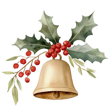 watercolor bell with holly and red berries clip art preview