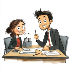 a woman and a man are working at a desk in the office
