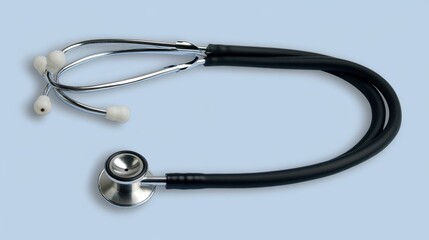 A stethoscope neatly coiled on a soft blue background, symbolizing healthcare and diagnostics