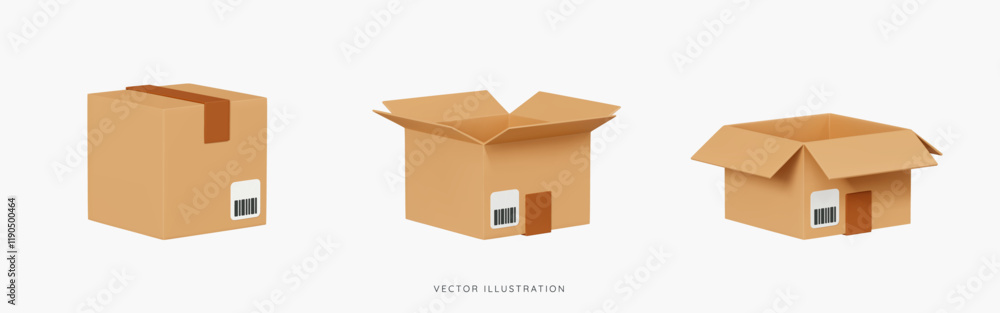 Poster 3d delivery icon set with open and closed cardboard boxes. fast delivery of your order or parcel. em