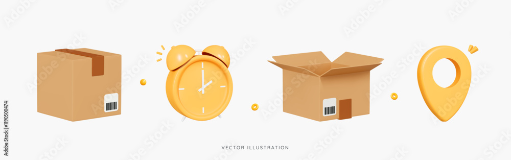 Poster 3d delivery icon set with open and closed cardboard boxes, alarm clock and yellow location pin. fast