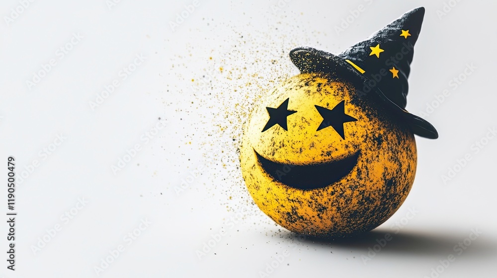 Poster magical smiley emoticon wearing a whimsical hat surrounded by sparkling dust in a surreal atmosphere