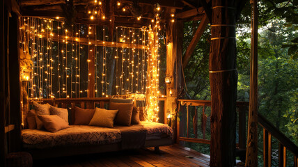 A whimsical treehouse interior featuring natural wood finishes, fairy lights, and cozy cushions, creating a warm, inviting, and magical atmosphere perfect for relaxation and escape.
