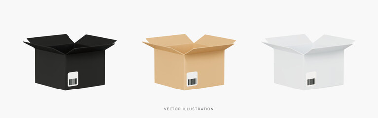 3D Delivery icon set with open cardboard boxes. Fast delivery of your order or parcel. Empty black, brown and white cargo box. Cartoon design icons isolated on background. 3D Vector illustration