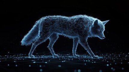 Glowing wireframe wolf walking on dark surface.