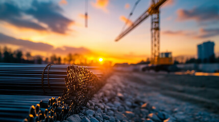 Neatly stacked bundles of steel rebar on a gravel-strewn site, with a crane blurred in the background against a dramatic sunset, symbolizing robust construction efforts.