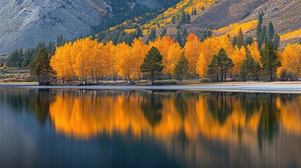 Obraz premium Golden aspen trees reflected in a calm lake at sunset.