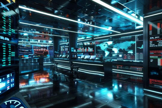 A futuristic cityscape with glowing digital screens displaying data, Create a futuristic interpretation of a digital stock exchange