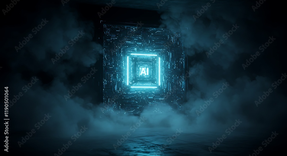 Poster an ai quantum computer glows eerily in swirling mist, its advanced technology radiating an unsettlin