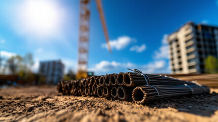 Fototapeta premium Steel rebar bundles neatly tied and arranged, sitting on a dirt construction site under the midday sun, with a crane looming softly blurred in the background.