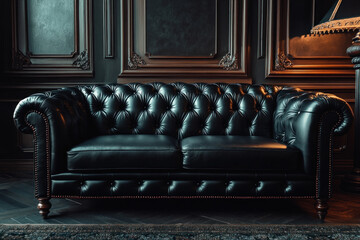Obraz premium A black leather couch sitting in a dimly lit room with soft ambient lighting, casting subtle shadows across its sleek surface.