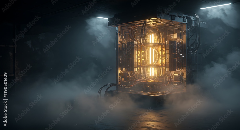 Poster an ai quantum computer glows eerily in swirling mist, its advanced technology radiating an unsettlin