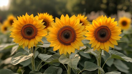 Fototapeta premium A radiant display of sunflowers in full bloom with golden petals and dark centers against a soft bokeh background