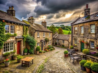 Naklejka premium Atmospheric Black and White Photo of a Quaint Yorkshire Village, UK