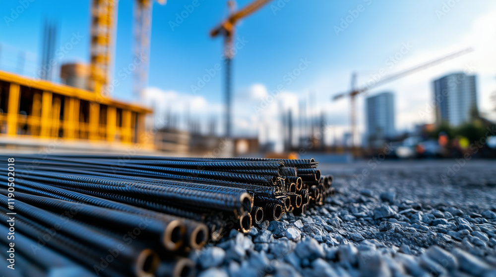Poster steel rebar bundles resting on gravel in a construction area, with a faintly visible crane and parti