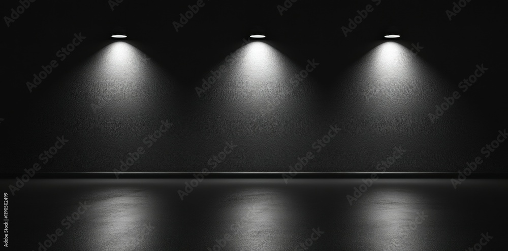 Poster dark room spotlights illuminate empty floor, ideal for product display