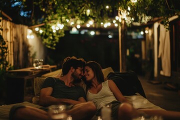 Romantic evening under string lights in a cozy outdoor setting