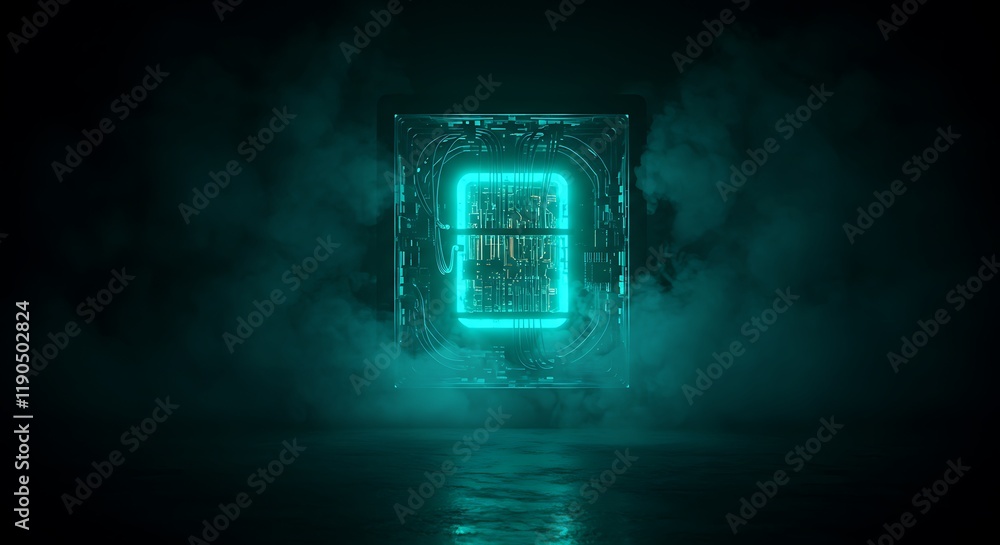 Poster an ai quantum computer glows eerily in swirling mist, its advanced technology radiating an unsettlin