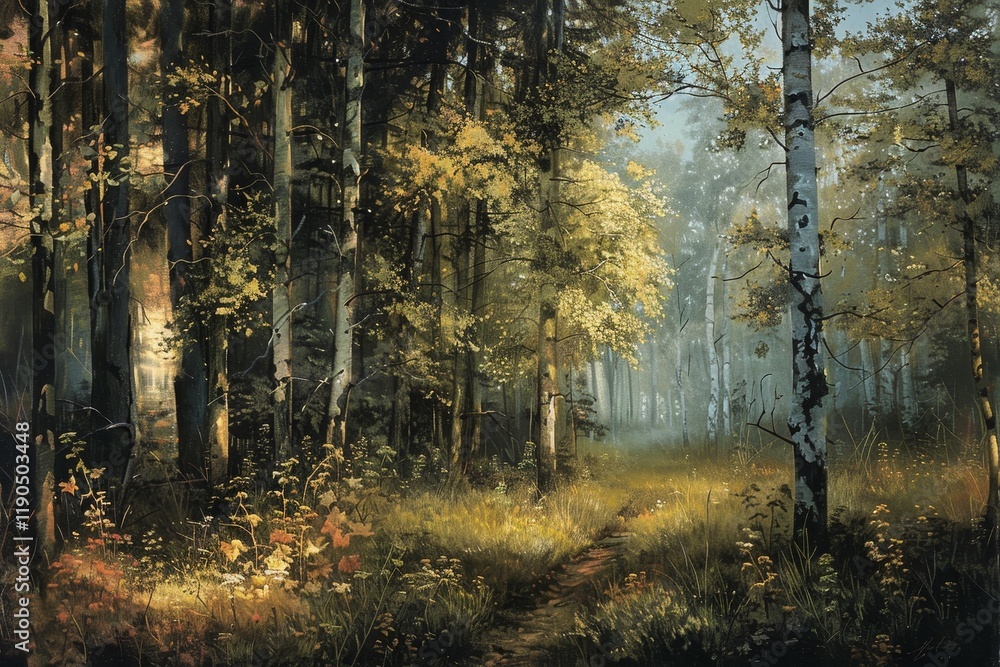 Poster a path winds through a forest of tall birch trees with sunlight filtering through the leaves, sounds