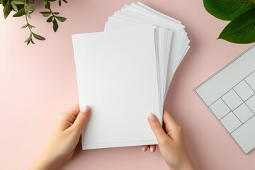 Obraz premium top view of hand holding a stack of paper.