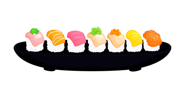 Colorful Sushi Assortment on Black Plate with Various Toppings