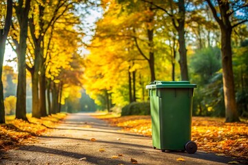 Naklejka premium Autumn Park Scene: Green Recycling Bin on Roadside