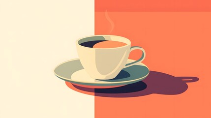A steaming cup of coffee rests on a saucer