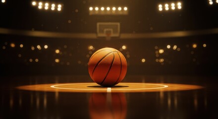 Obraz premium basketball court, spotlight, dramatic lighting, center stage, wooden floor, arena, sports, spotlight effect, atmospheric, cinematic, high contrast, dark background, stadium lights, golden glow, reflec