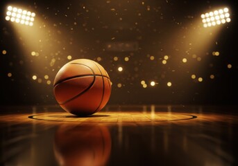Obraz premium basketball court, spotlight, dramatic lighting, center stage, wooden floor, arena, sports, spotlight effect, atmospheric, cinematic, high contrast, dark background, stadium lights, golden glow, reflec