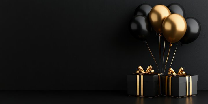 Elegant Black and Gold Gifts with Balloons on Dark Background