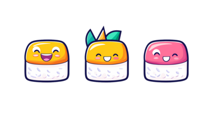 Cute Cartoon Sushi Characters with Smiling Faces and Colorful Toppings