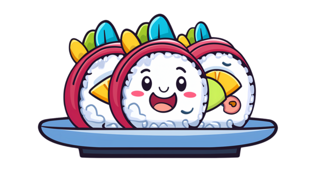 Cute Cartoon Sushi Character Smiling on a Plate with Colorful Toppings