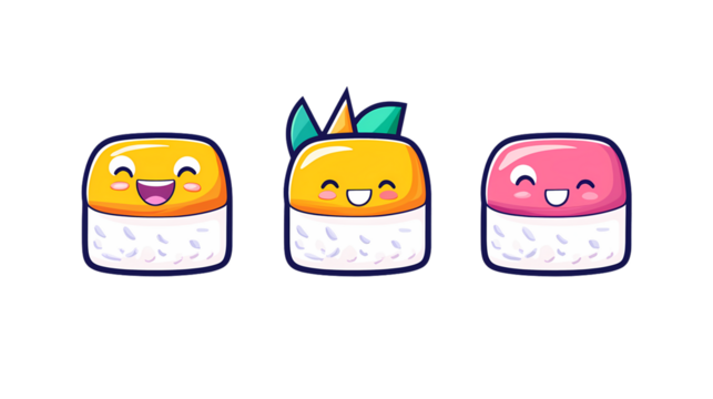 Cute Cartoon Sushi Characters with Smiling Faces and Colorful Toppings - Powered by Adobe