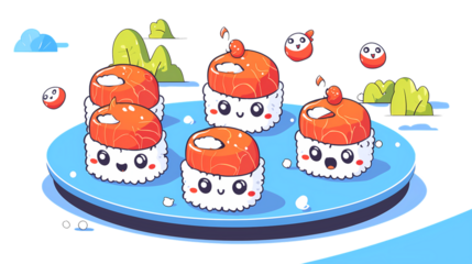 Cute Cartoon Sushi Characters on Plate with Cheerful Expressions