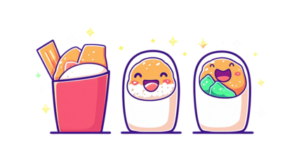 Cute Cartoon Sushi and Snack Characters with Happy Expressions