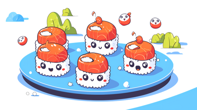 Cute Cartoon Sushi Characters on Plate with Cheerful Expressions