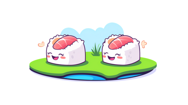 Cute Cartoon Sushi Characters with Smiling Faces on a Green Island