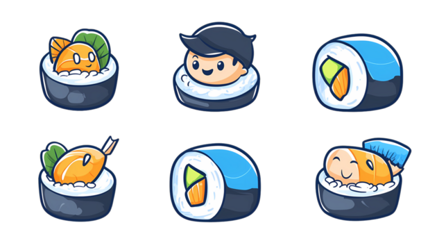 Colorful Cartoon Sushi Characters and Rolls with Cute Expressions