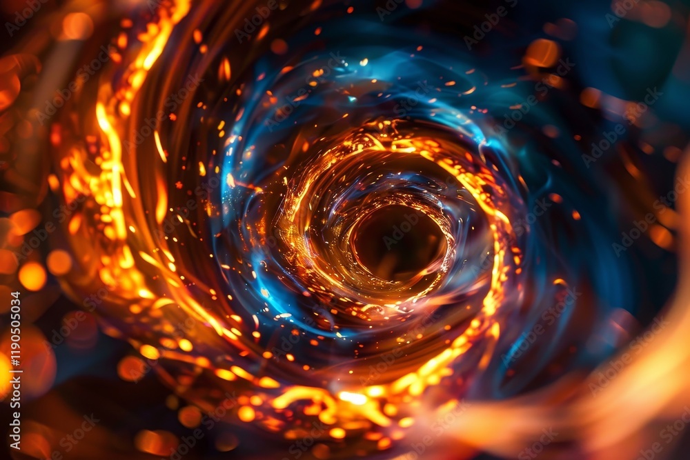 Poster an abstract photograph capturing swirling fire and light, creating a mesmerizing and dynamic scene, 