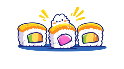 Colorful Cartoon Sushi Rolls with Smiling Expressions and Bright Colors