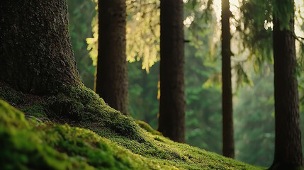 Naklejka premium Serene Green Forest with Natural Light and Dappled Shadows