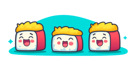 Cute Cartoon Sushi Characters with Happy Expressions on Blue Background