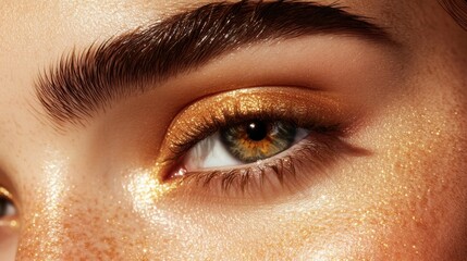 Fototapeta premium Macro shot of a hazel eye with golden flecks, set against a warm peach-colored background for contrast