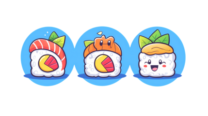 Cute Cartoon Sushi Characters with Colorful Backgrounds and Expressions